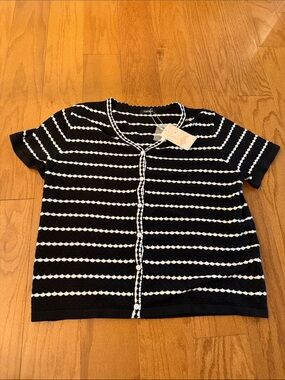 Women’s Black & White Striped Button-Down Knit Top